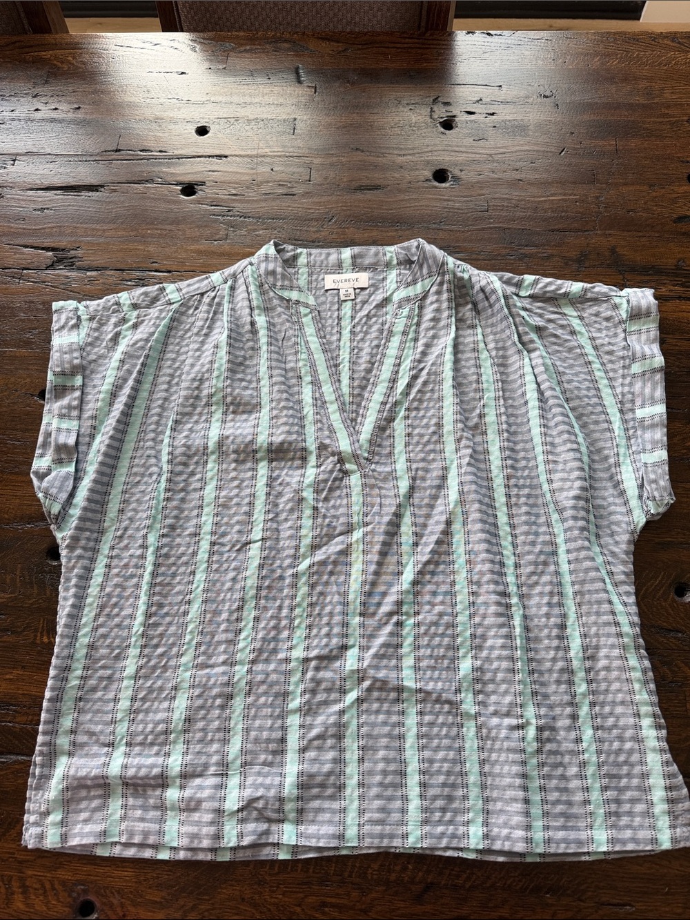 Evereve Mint and Gray Striped V-Neck Tunic